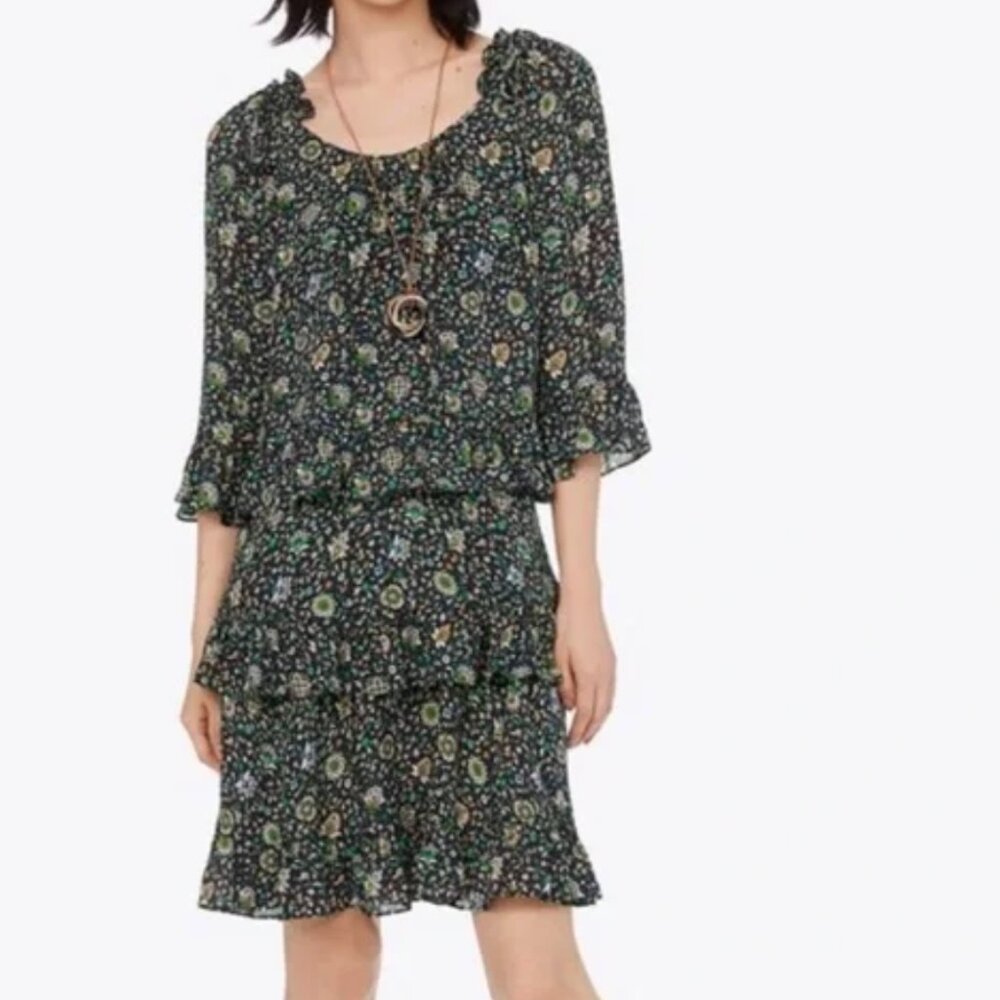 Tory Burch 100% Silk 3-Tier Navy Soleil Ruffle Dress, SZ 14